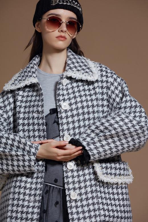 灰白千鸟格廓形袖毛呢大衣 商品图6