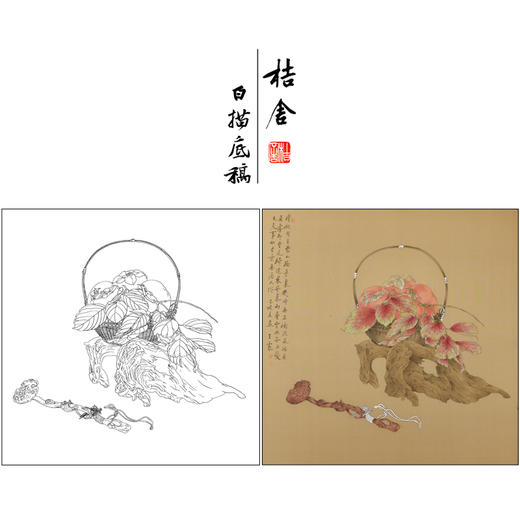 【有步骤、大彩图】王震工笔画白描底稿斗方小品《清供（秋）》花篮初学者临摹花鸟线稿WZ32 商品图0
