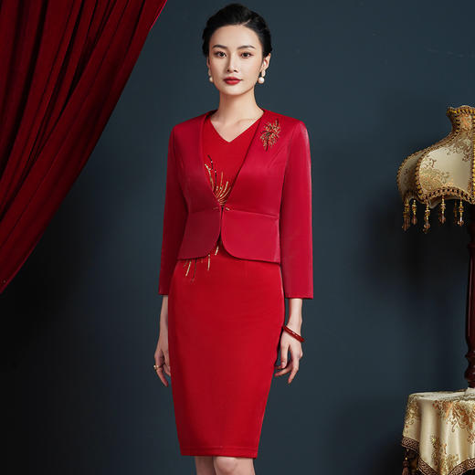 上海旗袍厂JC-JY5092参加婚礼服秋冬套装连衣裙时尚气质两件套裙子喜庆 商品图1