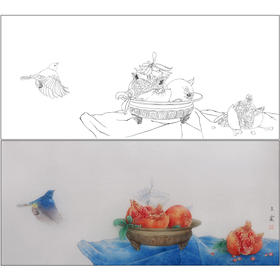 【有步骤】王震横幅工笔画白描底稿《蕊珠如火一时开》飞鸟石榴初学者临摹花鸟线稿WZ06