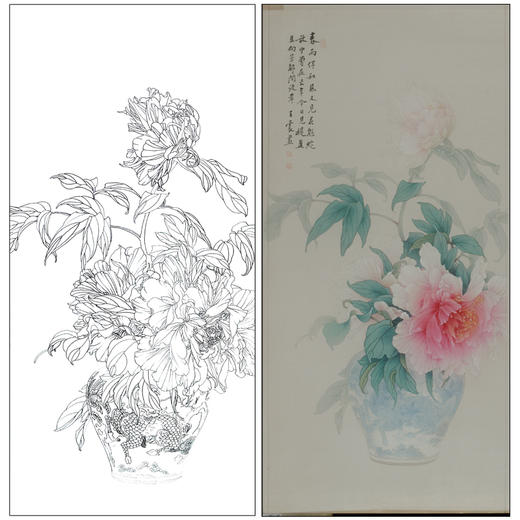 【有步骤】王震工笔画白描底稿博古画《且向芳邻问彼岸》花瓶初学者临摹花鸟线稿WZ17 商品图0
