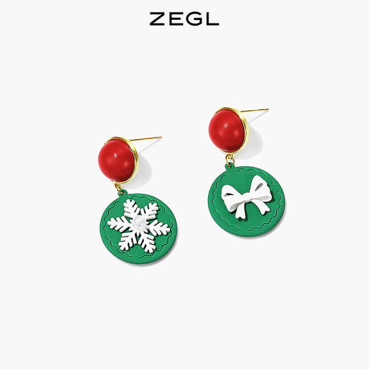 ZEGL圣诞雪花蝴蝶结耳环女绿色饼干耳钉气质925银针秋冬季耳饰品 商品图1