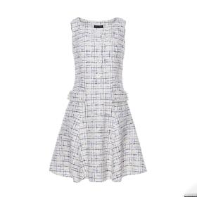 蓝灰粗纺花呢无袖修身连衣裙