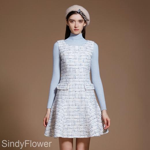 蓝灰粗纺花呢无袖修身连衣裙 商品图5