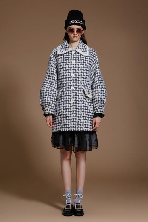 灰白千鸟格廓形袖毛呢大衣 商品图1