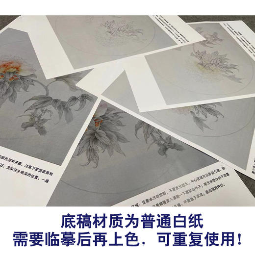 【有步骤】王震工笔画白描底稿圆形小品《同为长醉客》牡丹初学者临摹花鸟线稿WZ14 商品图3