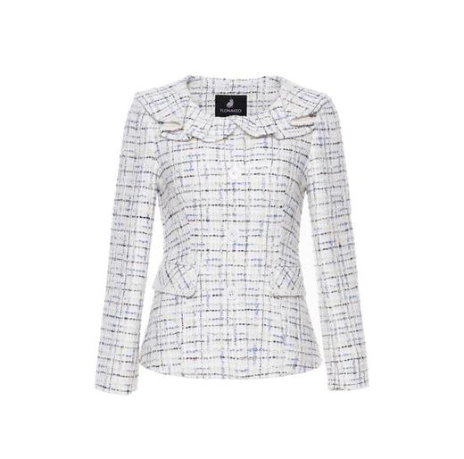 蓝灰粗纺花呢荷叶领修身短外套 商品图0