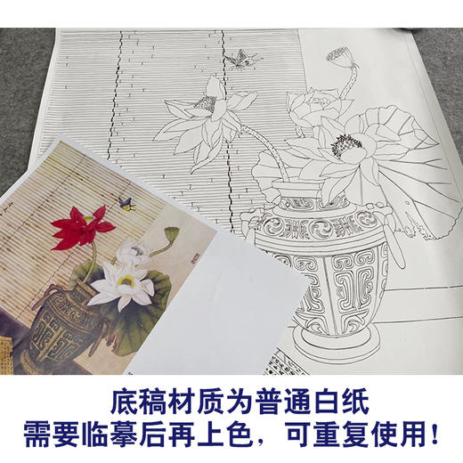 【有步骤】龚雪青工笔画白描底稿斗方小品《清夏》荷花蝴蝶初学者临摹花鸟线稿XQ84 商品图3