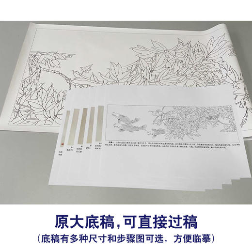 【有步骤、大彩图】龚雪青横幅工笔画白描底稿《富贵多来图》牡丹鲤鱼图初学者临摹花鸟线稿XQ95 商品图1