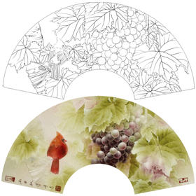 【有步骤】龚雪青工笔画白描底稿扇面小品《葡萄红雀图》初学者临摹花鸟线稿XQ89