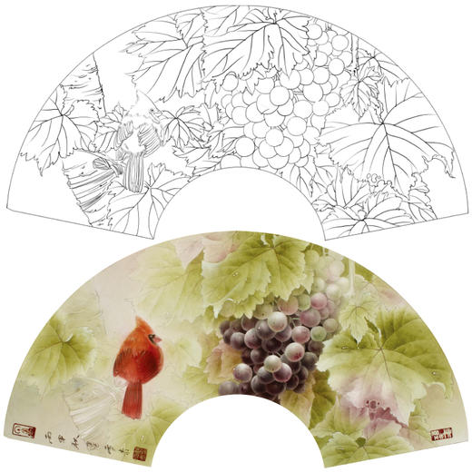 【有步骤】龚雪青工笔画白描底稿扇面小品《葡萄红雀图》初学者临摹花鸟线稿XQ89 商品图0