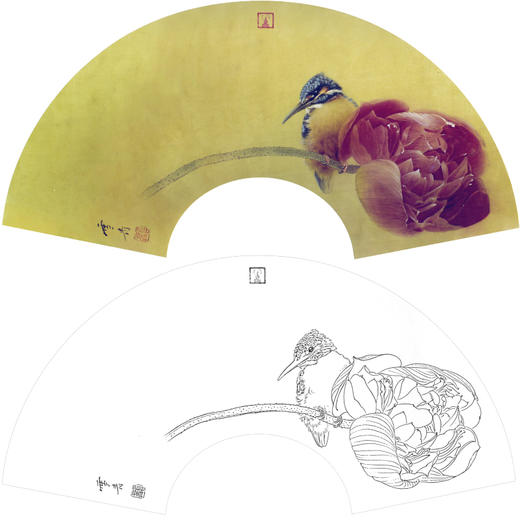 【有步骤】龚雪青工笔画白描底稿扇面小品《荷花翠鸟图》初学者临摹花鸟线稿XQ92 商品图0