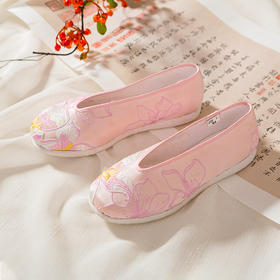 内联升女鞋手工单鞋千层底真丝绣花小元口（桃花）布鞋8646A