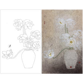 【有步骤】龚雪青竖幅工笔画白描底稿《幽香图》荷花初学者临摹花鸟线稿XQ87