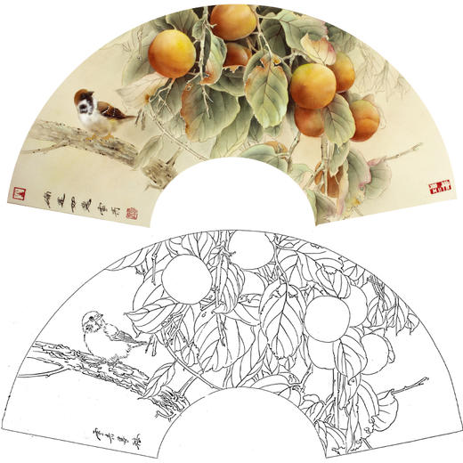 【有步骤、大彩图】龚雪青工笔画白描底稿扇面小品《雀柿如意》柿子麻雀初学者临摹花鸟线稿XQ90 商品图0