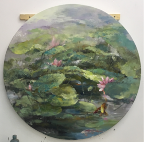 油画《鱼戏莲叶间》