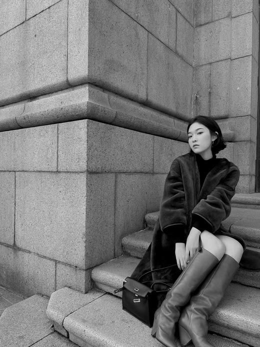 HIDEMI 海藻绿皮毛一体拼皮边系带设计感长款大衣 商品图5