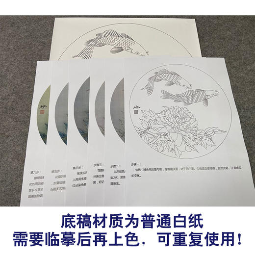 【有步骤、大彩图】郑玲玲工笔画白描底稿圆形小品《闲然自得》牡丹鲤鱼初学者临摹花鸟线稿ZL26 商品图3