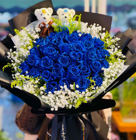 深情双眸---33支蓝色玫瑰【染色玫瑰】，2只可爱小熊（店内实物为准），外围满天星黄莺点缀（1166）