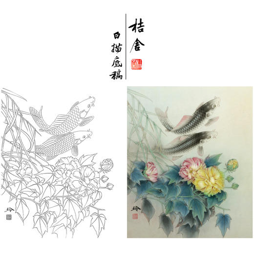【有步骤、大彩图】郑玲玲工笔画白描底稿《静谧朝阳》牡丹鲤鱼初学者临摹花鸟线稿ZL30 商品图0