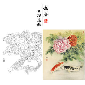 【有步骤、大彩图】郑玲玲工笔画白描底稿《吉庆有余图》牡丹鲤鱼初学者临摹花鸟线稿ZL42