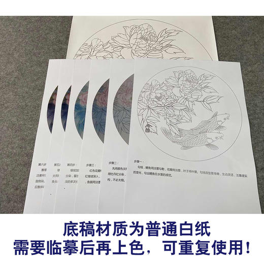 【有步骤、大彩图】郑玲玲工笔画白描底稿圆形小品《绝色双娇》牡丹鲤鱼初学者临摹花鸟线稿ZL20 商品图3