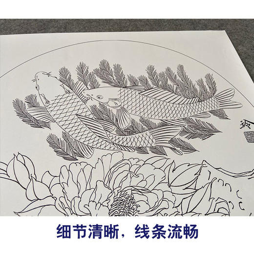 【有步骤、大彩图】郑玲玲工笔画白描稿圆形小品《相依相伴》牡丹鲤鱼初学者临摹花鸟线稿ZL27 商品图4