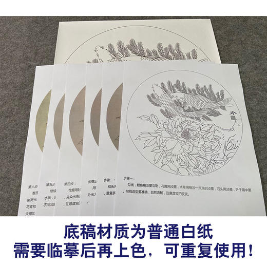 【有步骤、大彩图】郑玲玲工笔画白描稿圆形小品《相依相伴》牡丹鲤鱼初学者临摹花鸟线稿ZL27 商品图3