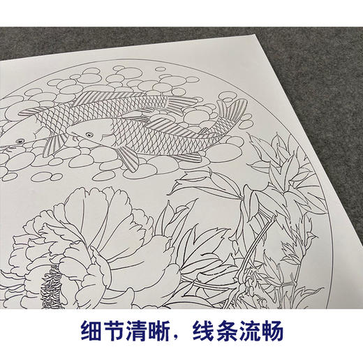 【有步骤、大彩图】郑玲玲工笔画白描底稿圆形小品《烟雨情深》牡丹鲤鱼初学者临摹花鸟线稿ZL24 商品图4