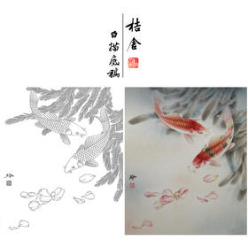 【有步骤、大彩图】郑玲玲工笔画白描底稿小品《竟自游》鲤鱼初学者临摹花鸟线稿ZL28