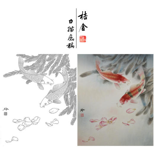 【有步骤、大彩图】郑玲玲工笔画白描底稿小品《竟自游》鲤鱼初学者临摹花鸟线稿ZL28 商品图0