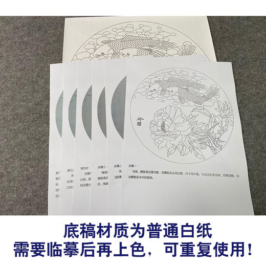 【有步骤、大彩图】郑玲玲工笔画白描底稿圆形小品《烟雨情深》牡丹鲤鱼初学者临摹花鸟线稿ZL24 商品图3