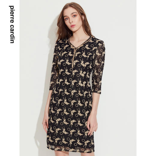 皮尔卡丹女装春季新款优雅端庄蕾丝长袖连衣裙P1110E1067J0
 商品图0