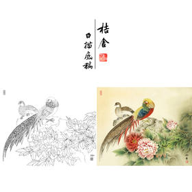 【有步骤、大彩图】郑玲玲工笔画白描底稿小品《醉赏春意浓》牡丹锦鸡初学者临摹花鸟线稿ZL09