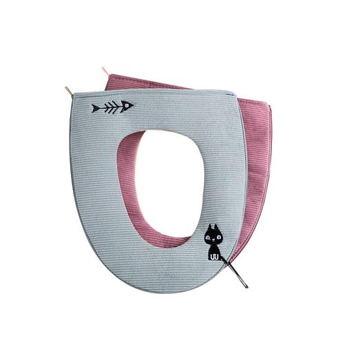 买一赠一【底部防水设计】鱼骨款家居马桶垫家用防水O型皮革带拉链可爱小猫马桶贴 商品图4