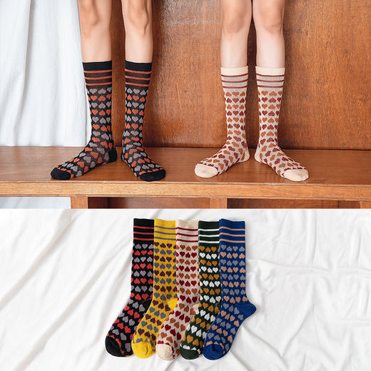 【2双装 温暖的守护 从足底开始】秋冬季彩色爱心中筒袜港风透气棉袜学院风ins地板袜潮牌女袜 商品图2