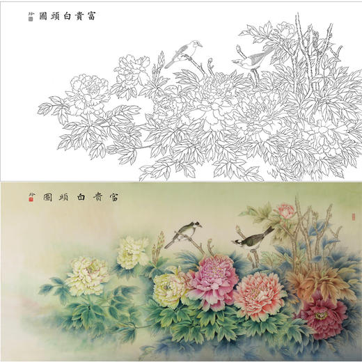 【有步骤、大彩图】郑玲玲横幅工笔画白描底稿《富贵白头图》牡丹初学者临摹花鸟线稿ZL95 商品图0