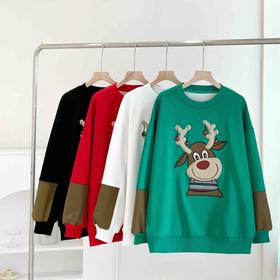 女士精工圣诞鹿加绒保暖阔版卫衣