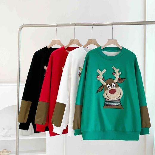 女士精工圣诞鹿加绒保暖阔版卫衣 商品图0