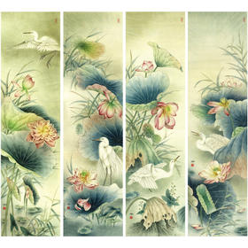 【有步骤、大彩图】郑玲玲工笔画白描底稿四条屏荷花图《荷塘鹭影》ZL99