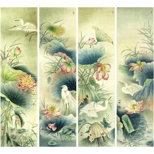 【有步骤、大彩图】郑玲玲工笔画白描底稿四条屏荷花图《荷塘鹭影》ZL99 商品图0