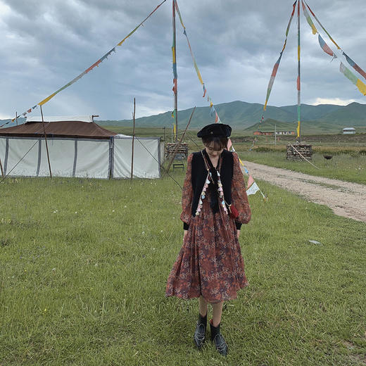 XS码 金蘑菇菇【落日与晚风】蛮特别的v领复古碎花裙中长款连衣裙 商品图0