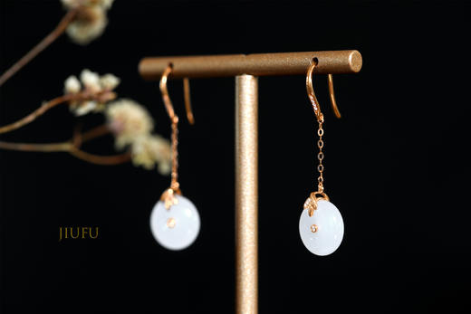 18K玫瑰金和田玉（白玉）镶钻耳环--竹报平安/小平安扣12*4.5mm/总长42mm/配镶钻石 商品图1