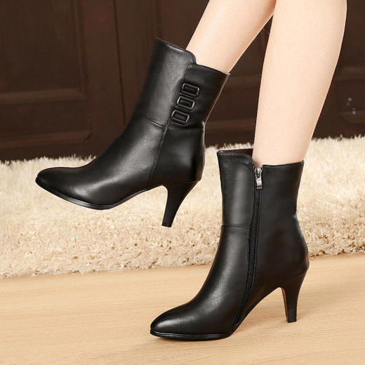 TZF-ANSHANG211201新款时尚气质百搭尖头细跟加绒中筒靴 商品图2