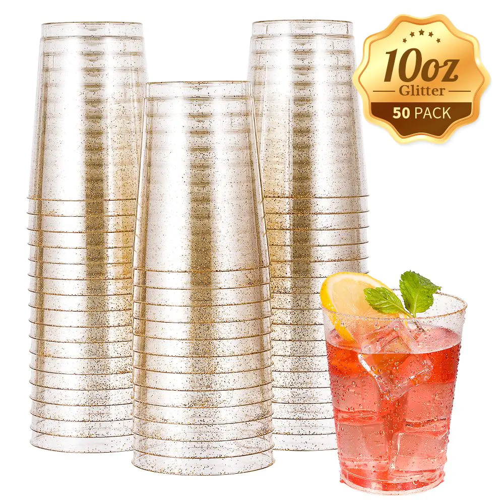 50pcs 10 OZ Gold Plastic Cups, Disposable Gold Glitter Plastic Cups, C