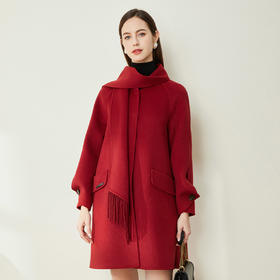 ND93X斯尔丽瑟俪2021秋冬新款优雅流苏围巾领A摆休闲舒适中长女式大衣