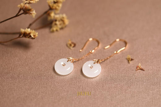 18K玫瑰金和田玉（白玉）镶钻耳环--竹报平安/小平安扣12*4.5mm/总长42mm/配镶钻石 商品图3