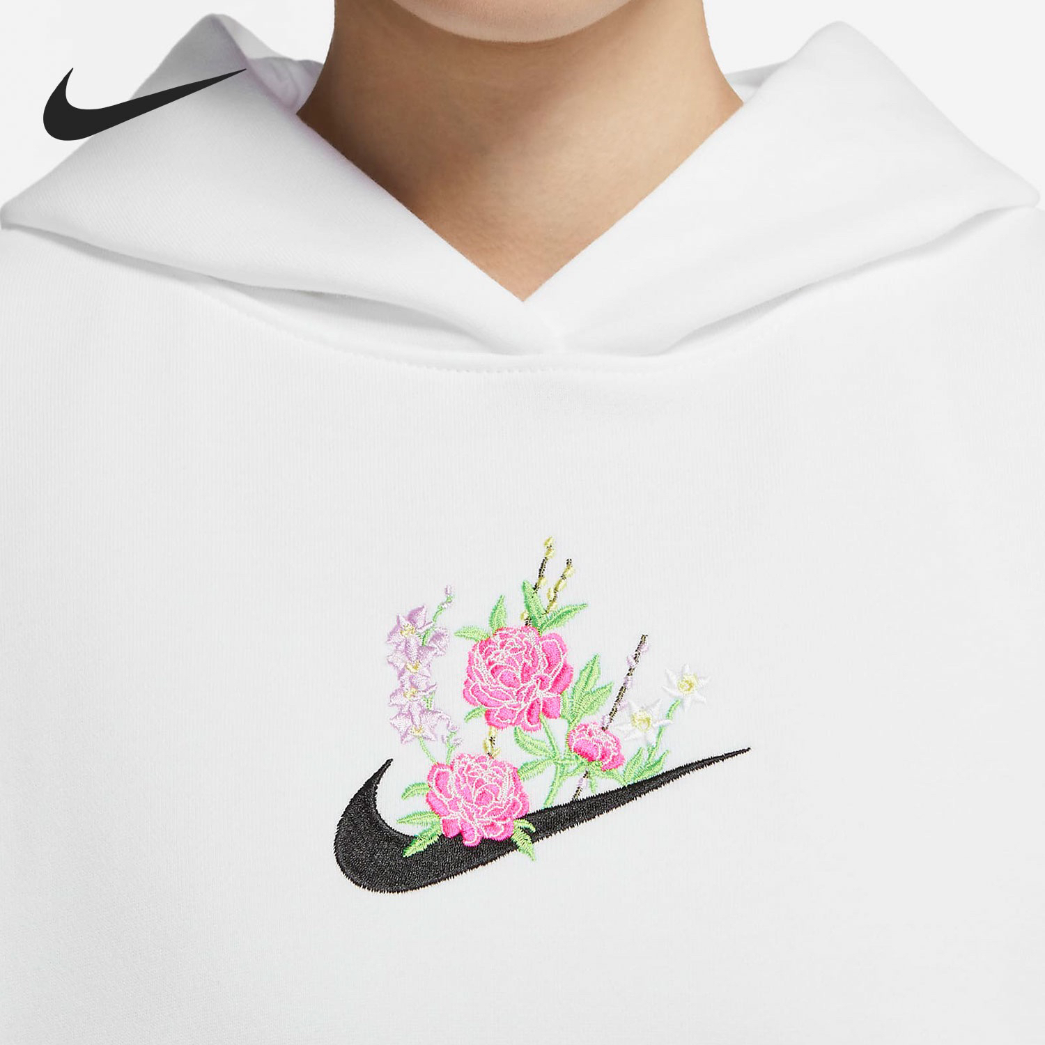 nike耐克女子花卉刺绣连帽休闲卫衣dh1375-100