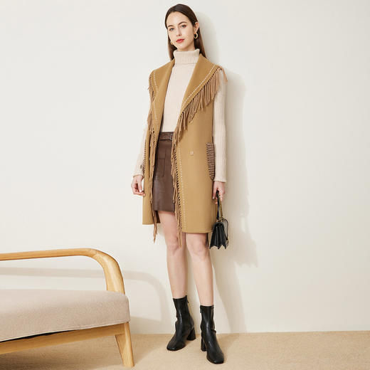 LH9T9斯尔丽2021新款秋冬瑟俪时尚流苏翻领百搭马甲外套通勤双面呢大衣 商品图2