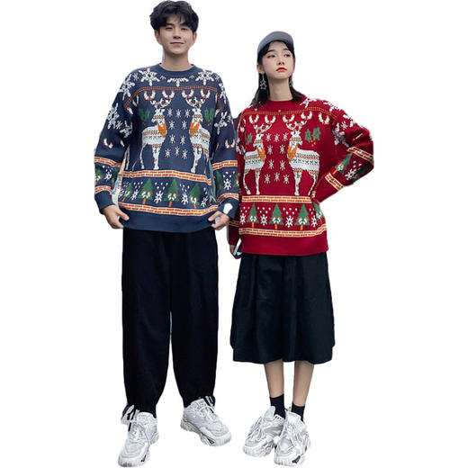  炸街圆领情侣装慵懒风毛衣麋鹿冬装ins超火宽松韩版外穿七夕情人节 商品图4